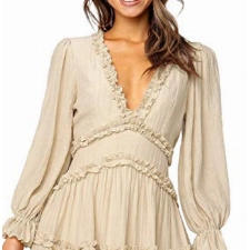 GOSOPIN Kleid Damen Freizeitkleid Rückenfrei elegant Dating-Kleid Tiefer V-Ausschnitt Minikleid Abendkleider für Hochzeit, Party, Cocktail Beige M