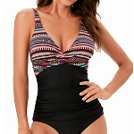 GOTIMAL V Ausschnitt Badeanzug Damen Push up Bademode bauchweg Strandmode sportlich Schwimmanzug Böhmische Streifen mit schwarz 2XL