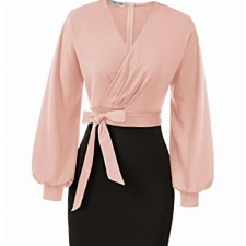 GRACE KARIN Damen Abendkleid Arbeit Bodycon Hochzeit Gast Büro Kleider V-Ausschnitt Langarm Bleistiftkleid mit Gürtel 2XL Rosa-Schwarz CL0761S21-02