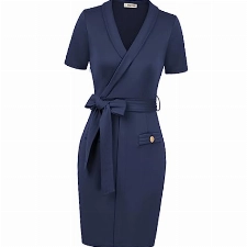 GRACE KARIN Damen Business Bodycon Kleid Elegant Bleistiftkleid Kurzarm V-Ausschnitt Cocktailkleid Büro Party Kleid Pencil Dress mit Gürte Schwarz Navy Blau CL2004S23-2_L