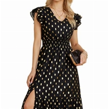 GRACE KARIN Damen Casual Sommerkleid Kurzarm Freizeitkleid Lässig V-Ausschnitt Strandkelid, Farbe: Schwarz, Größe: L