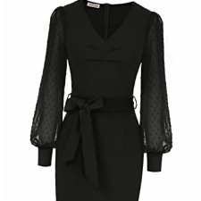 GRACE KARIN Damen Elegant Bleistiftkleid Vintage Retro Langarm Rockabilly Kleid Falten Etuikleid DECL0511-1_2XL