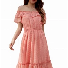 GRACE KARIN Damen Hohe Elastische Taille Lang Freizeitrock Elegant A-Linien Cocktailkleid eckiger Ausschnitt Casual Elegant Süß Kurz Kleider, Farbe: Rosa auf Polyester, Size M