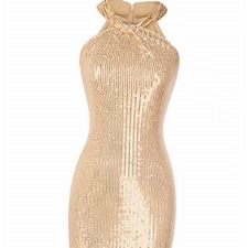 GRACE KARIN Damen Neckholder Glitzer Kleid Sexy Partykleid Ärmellos Knielang Wickelkleid Club Kleid L Gold CL1845S23-03