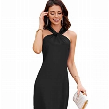 GRACE KARIN Damen Neckholder Satin Kleid Sexy Partykleid Hochzeit Wedding Ärmellos Knielang Bequem Glatt Cocktailkleid Club Kleid Wickelkleid L Schwarz CL2125S23-02