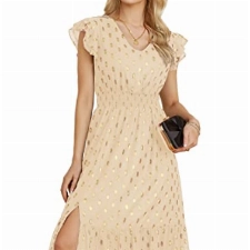 GRACE KARIN Damen Sommer Elegant Abendkleid mit Schlitz V-Neck Kurzarm Freizeitkleid für Urlaub, Farbe: Aprikose, Größe: XXL