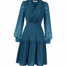 GRACE KARIN Damen Vintage Kleid Knielang Elegant Sommerkleid A-Linie Langarm Cocktailkleid Abendkleid Brautjungfernkleid, Farbe: Himmelblau, Size XL