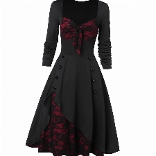 Graceyo Damen Mittelalter Kleid Gothic Kleider, Steampunk Gitter A-Line Partykleider Lace Up Karneval Party Halloween Kostüm Cosplay Kostume Festkleid Vintage Langarmkleid Damenkleid, XL, 4-rot