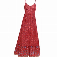 Greensen Damenkleid Damen Sommerkleider Sexy Lange Kleid Partykleid Rückenfrei Maxikleid Abendkleid Rüschen Blumenmuster Strandkleid Cocktailkleid V-Ausschnitt(L-Rot)