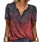 GRMLRPT Tops für Damen Kurzarm Rundhal T-Shirts Tunika Oberteile Bedruckte Blusen für Mädchen Elegant Lässige Hemd Knopfleiste(Rot- Kurzarm,L)