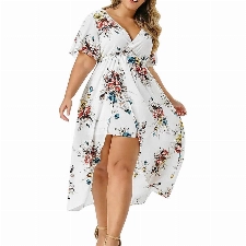 Große Größen Abendkleid Damen Elegant V-Ausschnitt Kurzarm Partykleid Blumendruck Cocktailkleid Hoher Taille Ballkleid mit Schlitz Langes Kleider Swingkleid in A-Linien Plus Size Maxikleid 5XL