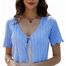 Gyabnw Damen Bolero Elegante Boleros Strickjacke Kurzarm Cardigan Aushol Festlicher Bolerojacke Schnüren Sommer Blazer Jäckchen Bolero für Abendkleider Hochzeit Strand Cocktailkleid BlauXXL