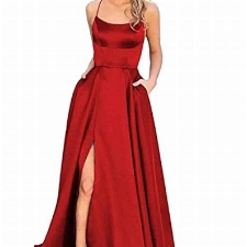 HAHAEMMA Damen Elegant Lange Ballkleider mit Taschen Satin A-Linie Backless Hochzeitskleid Abendkleider Sexy Neckholder Spaghetti Brautkleid Kleider Lang Prinzessin Brautjungfer Kleid (RE-XS)