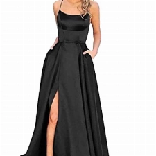 HAHAEMMA Damen Elegant Lange Ballkleider mit Taschen Satin A-Linie Backless Hochzeitskleid Abendkleider Sexy Neckholder Spaghetti Brautkleid Kleider Lang Prinzessin Brautjungfer Kleid (BL-S)