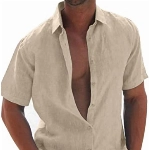 Halfword Leinenhemd Herren Kurzarm Hemd Sommer Freizeithemd Strandhemd Baumwolle Leinen Einfarbig Shirts Beige XXXXL