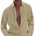 Halfword Leinenhemd Herren Langarm Sommer Freizeithemd Baumwolle Leinen Einfarbig Musselin Shirt Strand Oberteile Beige XXXXL