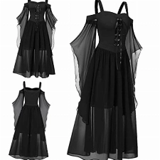 Halloween Kostüm Damen Kleid Große Größe Gothic Maxikleid Sexy Spitze Kleider Mittelalter Kleid mit Trompetenärmel Cosplay Gebunden Taille Kleid Karneval Party Abendkleider Dress Kanpola