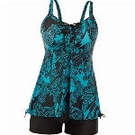 Hanna Nikole Große Größen Tankini Set, Damen Bauchweg Hoher Taille Badeanzüge Blau & Schwarz 44-46