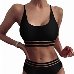 heekpek Damen Bikini Set Brazilian Bikini Damen Sexy 2-Teilig Badeanzug Transparente Streifen U Ausschnitt Bandeau Bademode Zweiteiliger Badeanzug Swimsuit,Schwarz, M