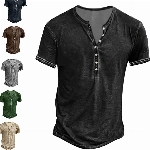 Hemd Herren Kurzarm Henley Shirt Männer Freizeithemd Vintage Casual Leicht Baumwolle Slim Fit T-Shirt