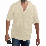 Hemden Herren Langarm Sommer Henley Shirt Baumwolle Urlaub Hemden Casual Classic Leicht Sommer Freizeithemd Männer Lässig Leinenshirt Sommerhemd T Shirts Hawaii Hemd mit Kapuze
