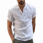Herren Hemd Kurzarm Leinenhemd Regular Fit Sommerhemd Freizeit Stehkragen Baumwoll Leinen Leinen Henley Shirt Langarm Hippie Casual Beach T-Shirts für Männer, Weiß, XL