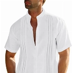 Herren Kurzarm Guayabera Hemd Baumwolle Leinen Stehkragen Strandhemd Streifen Sommerhemd Weiß XXL