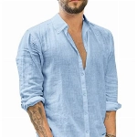 Herren Langarm Hemd Leinenhemd Umlegekragen Business Freizeithemd Sommer Shirt, Blau, XL