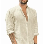 Herren Langarm Hemd Leinenhemd Umlegekragen Business Freizeithemd Sommer Shirt, Khaki, XL