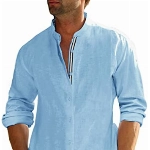 Herren Langarm Leinenhemd Baumwolle Lässig Shirts Stehkragen Freizeithemd Frühling Herbst Männer Tops, Blau, XL