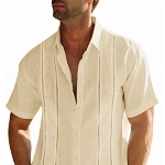 Herren Leinenhemd Freizeithemden Sommerhemd Herren Kurzarm Cuban Guayabera Shirt Strandhemd Tops, Beige, XXL