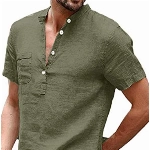 Herren Leinenhemd Henley Shirt Hemd Kurzarm Sommer Freizeithemd Regular Fit Männer Tops, Dunkelgrün, XXL