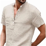 Herren Leinenhemd Henley Shirt Hemd Kurzarm Sommer Freizeithemd Regular Fit Männer Tops, Khaki, L