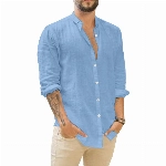 Herren Leinenhemd Langarm Stehkragen Henley Shirt Sommer Männer Sommerhemd Lässig Vintage Modern Casual Leinenshirt Urlaub Baumwolle Regular Fit Herrenhemden Hawaii Hemd