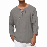 Herren Mittelalter Leinenhemd Sommer Herbst Hemden Langarm Retro-Kragen mit Schnürung, Männer Freizeithemd Casual Leinen Yoga Shirt Fisherman Sommerhemd