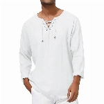 Herren Mittelalter Leinenhemd Sommer Herbst Hemden Langarm Retro-Kragen mit Schnürung, Männer Freizeithemd Casual Leinen Yoga Shirt Fisherman Sommerhemd