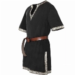 Herren Mittelalter Tunika Ailrik mit Bordüre Männer Männer Kurzarm Wikinger Hemd Kriege Verkleidung für Karneval Schwarz XXL