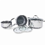 HexClad 6 teiliges Hybrid Edelstahl Kochgeschirr Set, 2, 3 & 7.5 Litre Topfset mit 3 Glasdeckeln, bleibendem Griff, Anti-haftbeschichtung, PFOA frei, spülmaschinenfest, ofenfest, & Gaskochfeldern