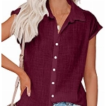 Hiistandd Damen Kurzarm Leinen V-Ausschnitt T Shirts Lose Button unten Tunika Shirts Solide Bluse Freizeit Business Office Tops(Wine Red,XL)