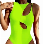 Hilinker Damen Badeanzug mit hoher Taille Monikini Einteiler Badeanzug, Grüngelb, Medium