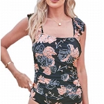 Hilinker Damen Badeanzug mit Rüschen und Schultern, einteilig, mit Gürtel, Leopardenmuster, Farbblock-Badeanzug, Black Floral a, XX-Large