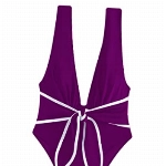Hilinker Damen Badeanzug mit Schleife, einteilig, tiefer V-Ausschnitt, Bauchkontrolle, Badeanzug, Dunkles Violett, XL