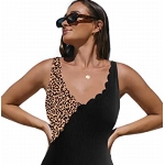 Hilinker Damen Badeanzug mit V-Ausschnitt, gewellt, einteilig, Farbblock-Badeanzug, Schwarz Leopard, Large
