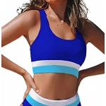 Hilinker Damen Bikini mit hoher Taille und Cut-Out-Detail, bauchfreies Top, Farbblock-Badeanzug, Königsblau, Medium