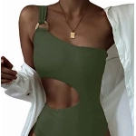 Hilinker Damen Einteiler Badeanzug One Shoulder Cut Out Bademode Monokini Bauchkontrolle, Grün , Large