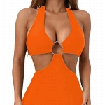Hilinker Damen Halfter Einteiler Badeanzug O-Ring Cut Out Badeanzug Monokini, Orange/Abendrot im Zickzackmuster (Sunset Chevron), XX-Large