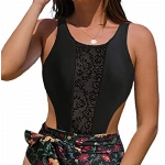 Hilinker Einteiliger Damen-Badeanzug mit Farbblockausschnitt, Monokini, Schleife, Badeanzug, Schwarz, floral, Medium