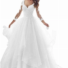 Hochzeitskleid Brautkleid A-Linie V Ausschnitt Damen Prinzessin Brautkleider Langarm Weiß 40