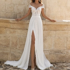Hochzeitskleider für Eine Linie von Schulter Sexy v Hals High Slit Empire Taille Tüll Spitzenapplikation Plus Größe Brautkleid Weiß Plus 46, ESBANT, Elfenbein, 40