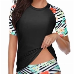 Holipick Zweiteiliger Damen-Badeanzug, kurzärmelig, LSF 50+, Badeanzug, Badeanzug, mit Bikinihose, für Teenager-Mädchen, Schwarze tropische Blätter, Medium